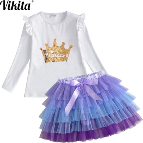 VIKITA Autumn Kids Baby Girls Clothes Long Sleeve T-shirt+ Layered Tutu Tulle Skirt Casual Suits Student Girls Clothing Sets