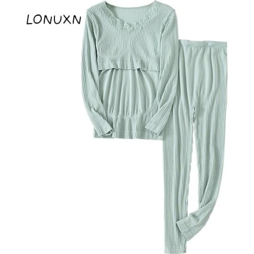 High Quality Top + Pants Maternity Nursing Set 2pcs/set Pregnant Lace Sleepwear Modal Breastfeeding Pajamas Set Pregnant Women