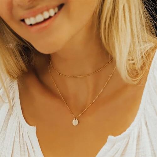 JUJIE Jewelry Necklace Stainless Steel Chain Choker Two Layers pendant Necklaces Round shape Gold Color Bead Chain For Women