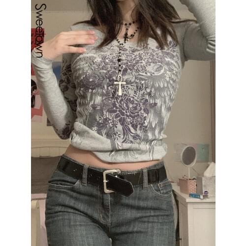 Sweetown Rhinestone Floral Vintage Graphic T Shirts Women Gray Casual Cute Y2K Sweat Tops O Neck Long Sleeve Autumn Baby Tees