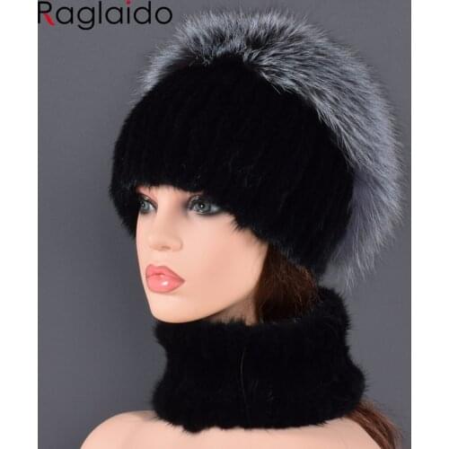 New Winter Women Fur Hat Scarf Sets100% Real Rex Mink Fur Comfortable Warm Fur Casual Female Lady Fox Fur Caps Scarves