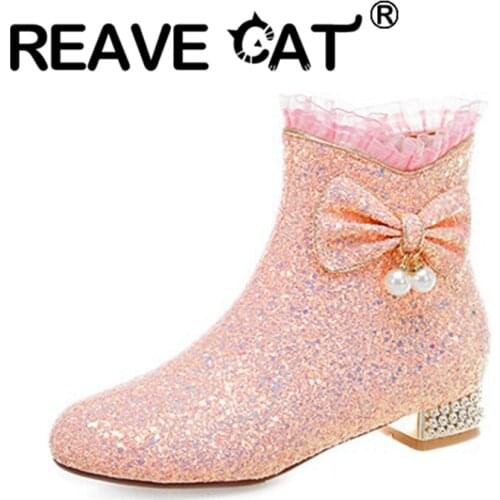 REAVE CAT Sweet Princess Ankle Boots Bowtie Pearl Crystal Sequined Cloth Round Toe Shiny Zip 2.5cm Short Heel US12 Pink A4213