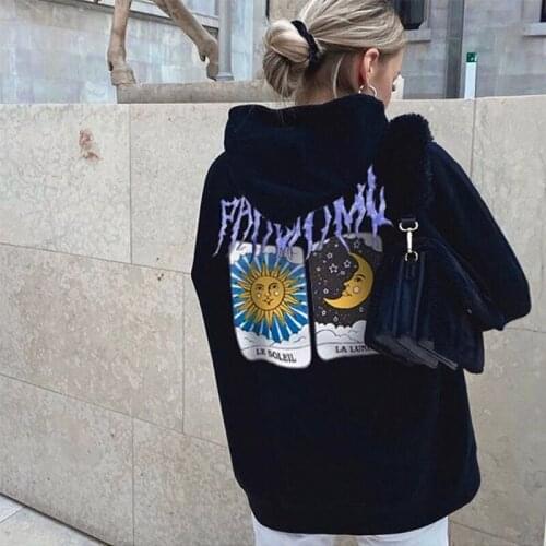 Aesthetic Gothic Streetwear Sun and moon Graphics Print Pullover Sweatshirt Hip Hop Punk Harajuku Fun Casual Loose Women Hoodie