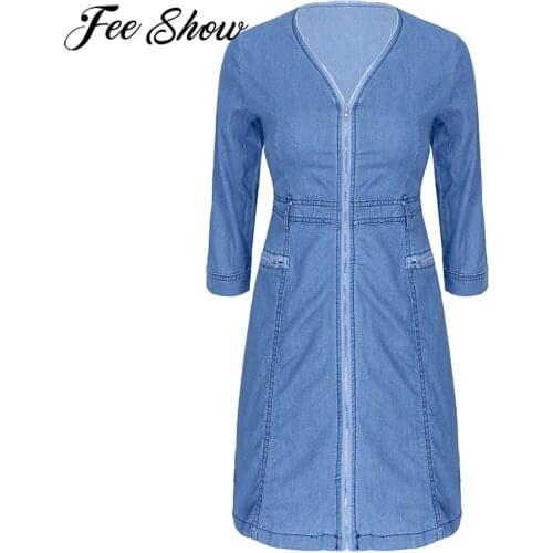Women Spring Autumn Zipper Denim Dress V Neck Casual Loose 3/4 Sleeve Mini Shirt Dresses Fashion High Street Sundress Vestidos