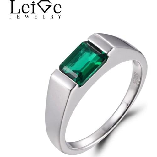 LeiGe Jewelry Emerald Promise Ring Emerald Cut Green Stone Ring May Birthstone 925 Sterling Silver Simple Rings Gifts for Women