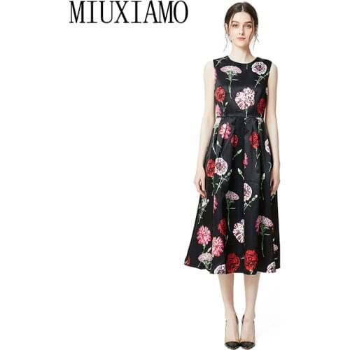 MIUXIMAO 2019 New Fashion Runway Summer Dress Womens Retro Sleeveless Flower Print Vintage Dress Women vestidos