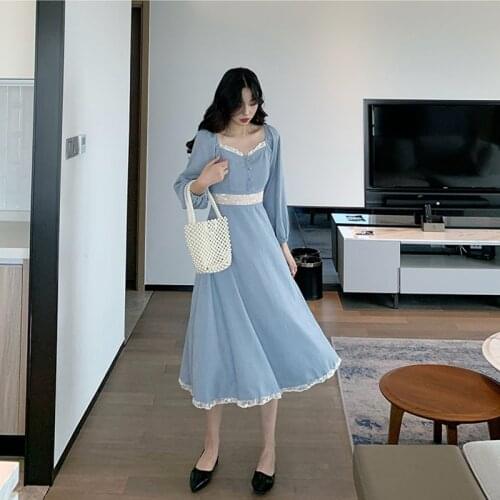 Dresses For Women 2021Korean Long Sleeve Sukienka Midi Blue Dress Elegant Square Collar Bodycon Outfits For Women A128