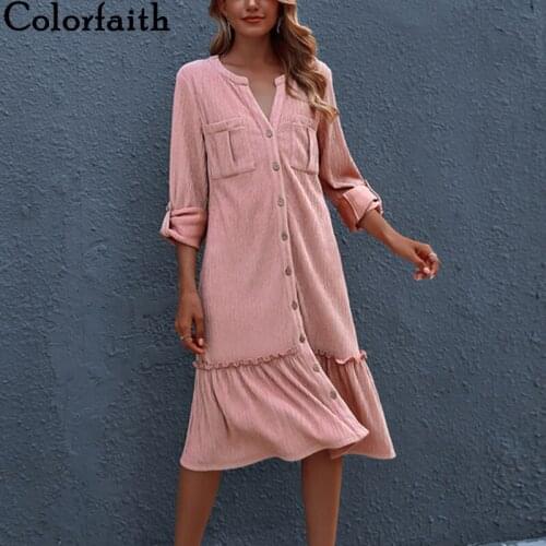 Colorfaith New 2021 Women Spring Autumn Shirt Dresses Elegant Ladies Vintage Fashionable Oversized Pure Pink Dresses DR2980AB