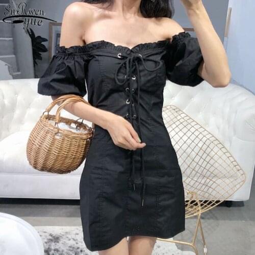 Korean Retro Short Sleeve Puff Sleeve Women Dress Sexy Ruffled Slash Collar High Waist Summer Dress Women Dresses Ladies 13302