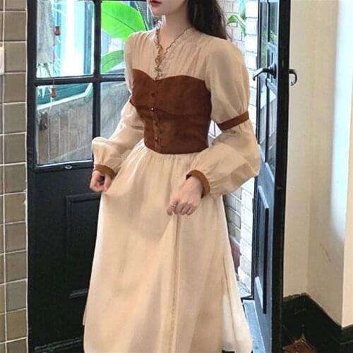 Vintage Midi Dress Women Casual V-neck Long Sleeve Party Retro Dress Female French Evening One-piece Dress Korean 2020 Autumn