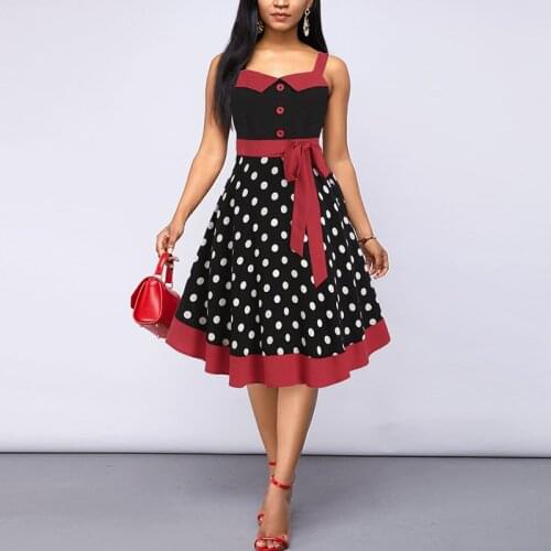 Women Shoulder Straps Summer 2020 Vintage Retro 1950s Polka Dot Button Patchwork Knee Length Rockabilly Cocktail Swing Tea Dress