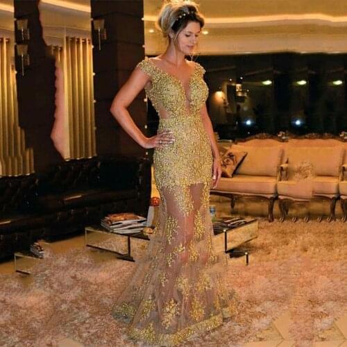 Gold Beads Lace Appliques Sexy Mermaid Evening Gowns Illusion Tulle Popular Formal Prom Dresses Celebrity Red Carpet Dresses