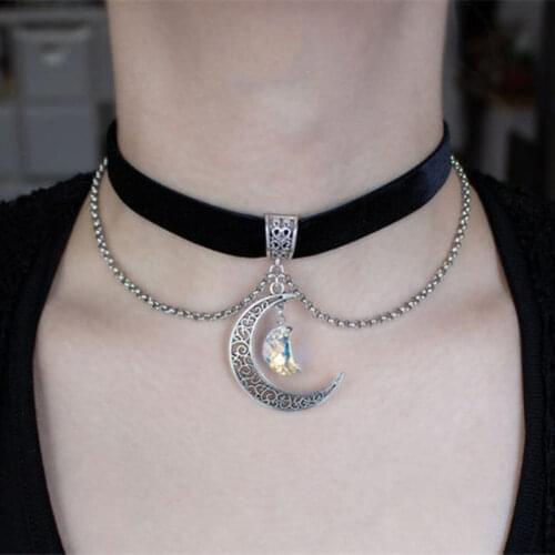 1PCS New Filigree Moon With Moon Crystal Pendant Black Korea Velvet Rope Choker Collar Necklace Female Collier Bijoux Girls Gift
