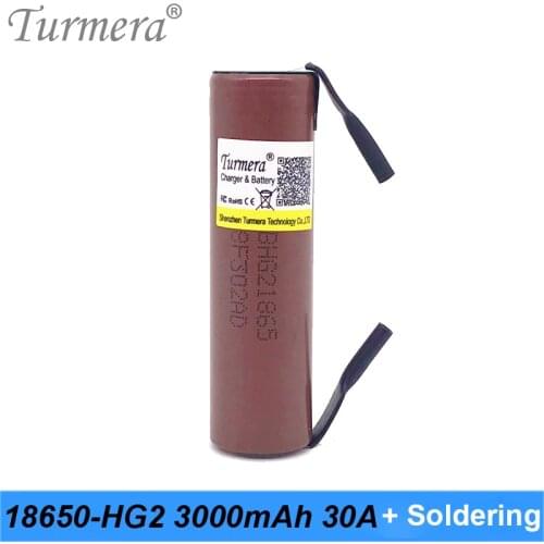 Turmera New 18650 HG2 3000mAh Battery 30A Soldering Nickel for 10.8V 12V 14.4V 16.8V 18V 21V 25V Screwdriver Drill Batteries Use