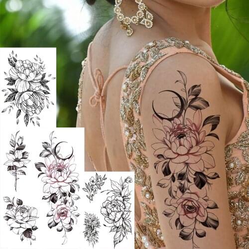 Flower Moon Peony Temporary Tattoos For Women Girl Fake Blossom Rose Tattoo Sticker Sexy Black Waterproof Tatoos Arm Thighs