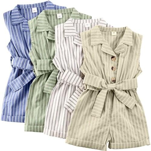 Toddler Kids Baby Girl Flutter Sleeveless Romper Striped Jumpsuit Botton Down Rompers with Belt