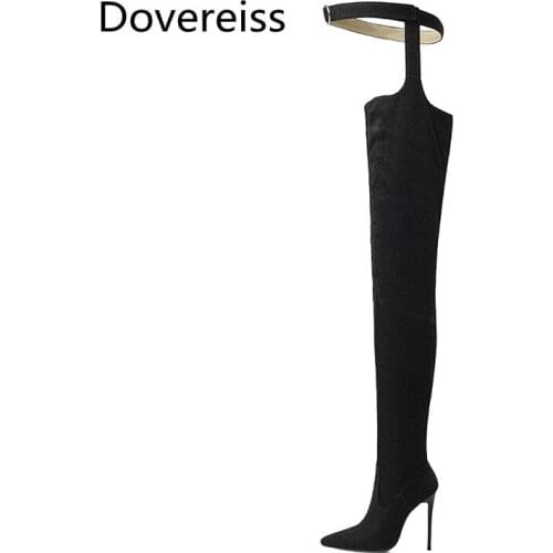 Dovereiss Fashion Womens Shoes Winter Pointed Toe Stilettos Heels silver Sexy Elegant Over the knee boots Concise Mature 37-47