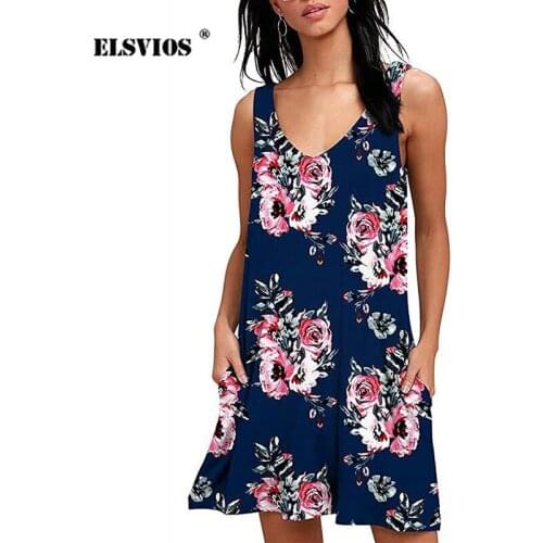 ELSVIOS 2019 Summer Dress Women V-neck Floral Print A-Line Dresses Casual Vest Sleeveless Pocket Beach Dress Sundress Vestidos