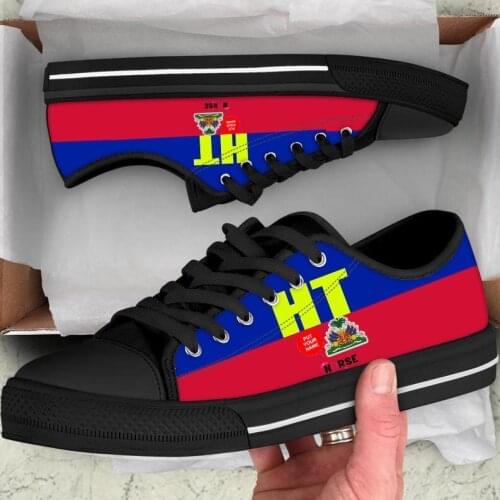 FORUDESIGNS Custom HT Haiti Flag with Nurse Name Design Classic Low Style Women Canvas Shoes Woman Lace-up Nursing Zapatos Mujer