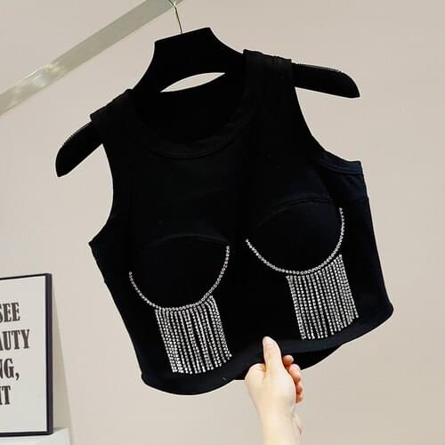 Exquisite Rhinestone Tassel Chain Sleeveless Knitted Tank Shirt for Women All-Match Slim Fit Crop Top Purple White Black Summer