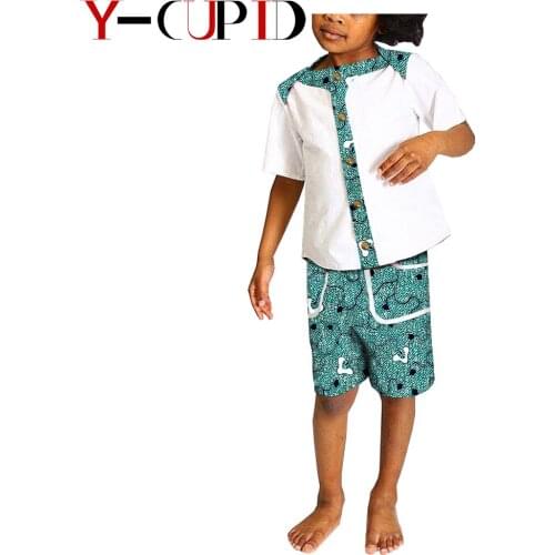 African Clothes for Kids Summer Boys Outfits Suits Bazin Riche Children Print Patchwork Top Shirts and Half Pants Sets YA194004