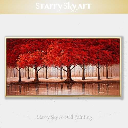 Beautiful Wall Art Handmade Impressionist Red Forest Oil Painting on Canvas Red Trees Beside of Lake Oil Painting for Decoration