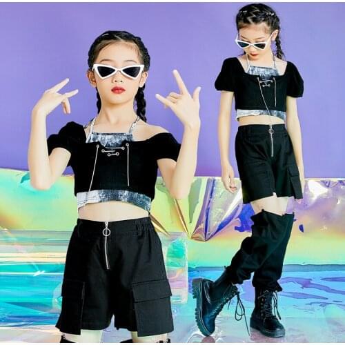 Fashion Ballroom Hip Hop Dance Clothes For Girls Short Sleeved Hiphop Pants Stage Outfits Jazz Street Dance Rave Clothes DQS6912