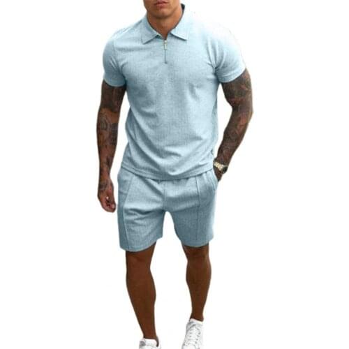 Men Solid Color Sports Suit Short Sleeved Pockets Two Piece Turn-down Collar T-shirt Shorts Men Loose Tracksuit Activewear