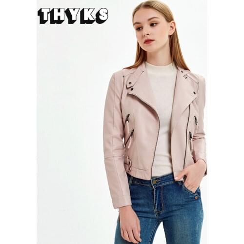 Autumn Womens Leather Jacket Pink Motorcycle PU Zippers Coat Female Faux Leather Biker Jackets Spring Short Slim Windbreaker