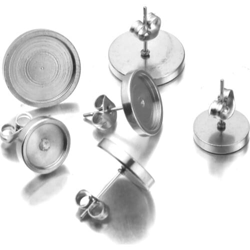Stainless Steel Blank Earring Base Cabochon Cameo Base 6 8 6 8 10 12mm Flat Earring Setting Diy Jewelry Making ,with Ear plug
