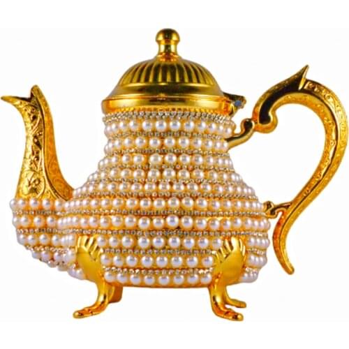 Handmade Pearl Swarovski Stones Coated Zinc Casting Tea Gold Color Silver Turkish Teapots Arabic Tea Set Traditional
