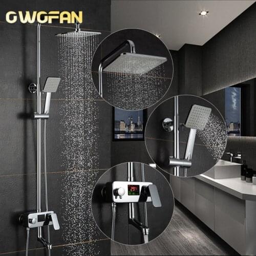 Modern LED Digital Display Shower Faucet Set Rain Shower Head 3-way Handshower Digital Display Mixer Tap Bathroom Shower Faucet