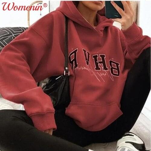 Letters Print Thick Hoodies Pullovers For Women 2021 Autumn Basic All-match Long Sleeve Sweatshirt Female Casual Vintage Tops