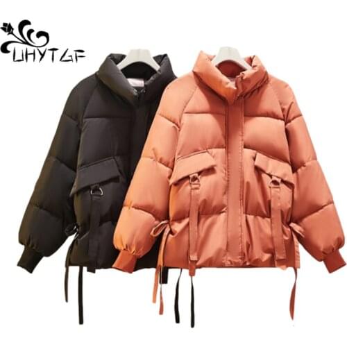 UHYTGF Winter Parkas Women Top Jacket Warm Plus size Outerwear With Tie Jacket Fashion Cotton Padded Parka Basic Coat Female 908