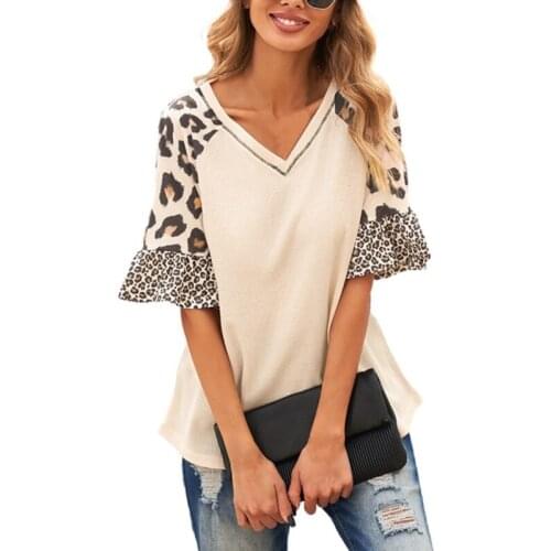 Summer T Shirt Women Sleeve T-shirt Casual v-neck Short Sleeve Tee Shirts Female Top Tee Fashion Leopard Sleeve Tops