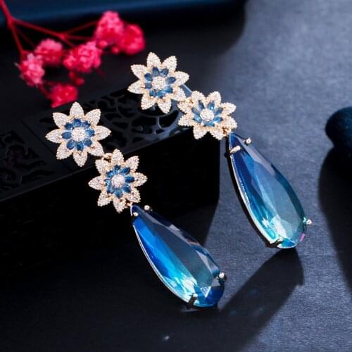 CWWZircons Beautiful Dangly Flower Blue Cubic Zirconia Crystal Long Big Water Drop Earrings for Women Wedding Bridal Gift CZ949