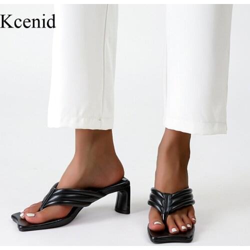 Kcenid Black White Pink New Slippers Med Heel Shoes Fall Best Street Look Female Square Toe Clip-On Sandals Flip Flops Women