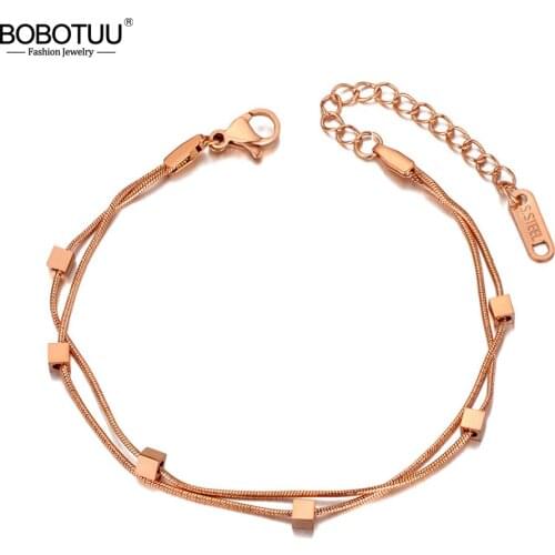 BOBOTUU Fashion Titanium Stainless Steel Square Charm Bracelets For Women Double Layer Rose Gold Snake Chain Jewelry BB20073
