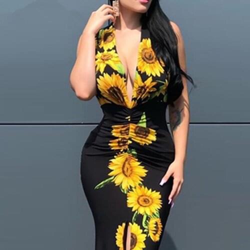 Women Deep V-Neck Plunge Sunflower Print Slit Maxi Dress Maxi Dress Elegant Fashion Dress For Woman 2021