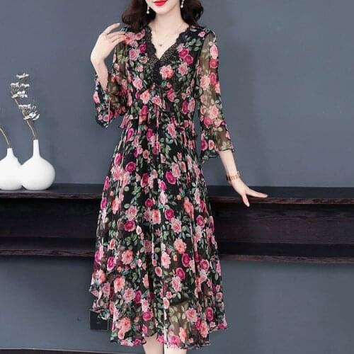 High quality 2021 New Summer Women Ruffled Chiffon Dress V-neck High Waist Floral Print Bohemia Beach Long Dresses Vestidos