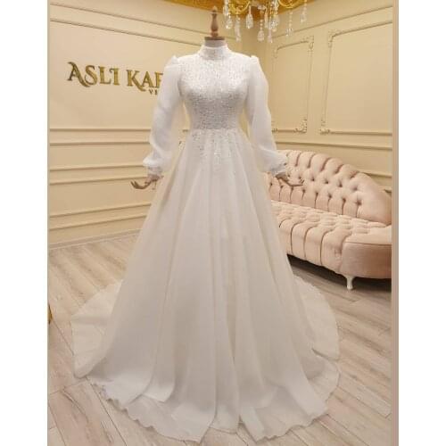 Organza Beaded Long Sleeve Muslim Wedding Dresses for Bride 2021 A Line Moroccan Caftan Wedding Bridal Gowns vestidos de novia