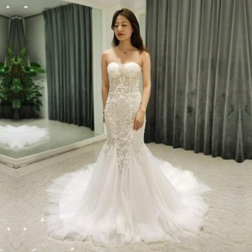 SL-8333 real picture sexy mermaid wedding dress 2022 lace strapless bridal gowns beads wedding gowns bridal dress