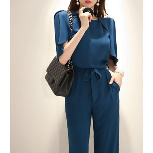 2020 Summer Chiffon High Waist Long Jumpsuit Women Lace Up Romper Office Lady Female Elegant Korean Short Sleeve Wide Leg Pants