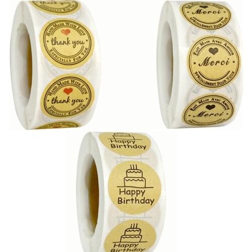500pcs/roll 1inch Round Thank You Stickers Handmade With Love Sticker Wedding Stickers Adhesive Kraft Paper Strong Adhesive