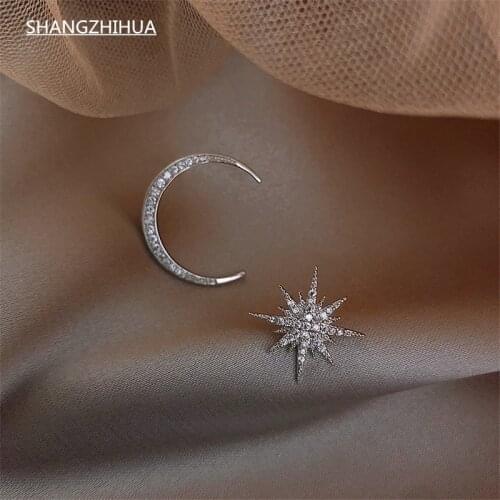 SHANGZHIHUA Star Moon asymmetric Earrings party temperament earrings jewelry crystal fashion surprise gift earrings for friends