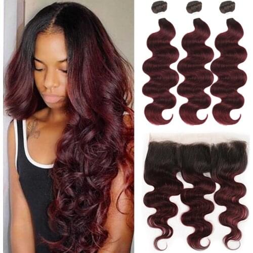 Brazilian Body Wave Human Hair Bundles With Frontal 13x4 Ombre Red Brown 1B 30 Hair Bundles With Closure Non-Remy Hair Bundles