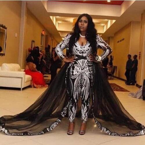 Black Jumpsuit Evening Dresses with Detachable Train Sliver Sequined Pantsuits Party Gowns Sweep Train Plus Size Prom Dress 2020