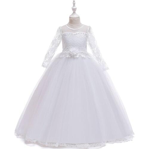 4-14 years Elegant White Lace Flower Mesh Long Sleeve Tutu Wedding Dress for Girls Gowns Party Bridesmaid Bow Kid Dresses LP-227