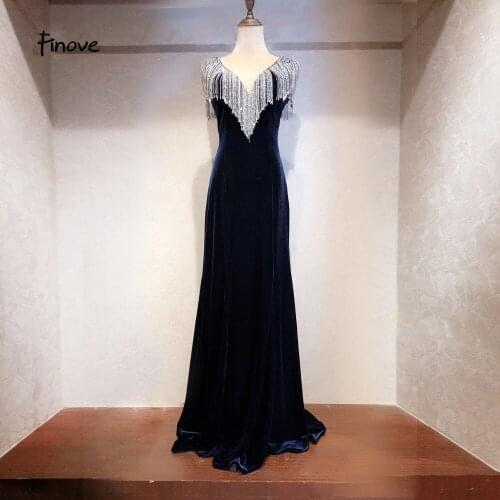 Finove Sexy V-Neck Evening Dresses 2020 Navy Blue Tank Floor Length Backless Tassel Mermaid Formal Dresses Party Dress Gowns