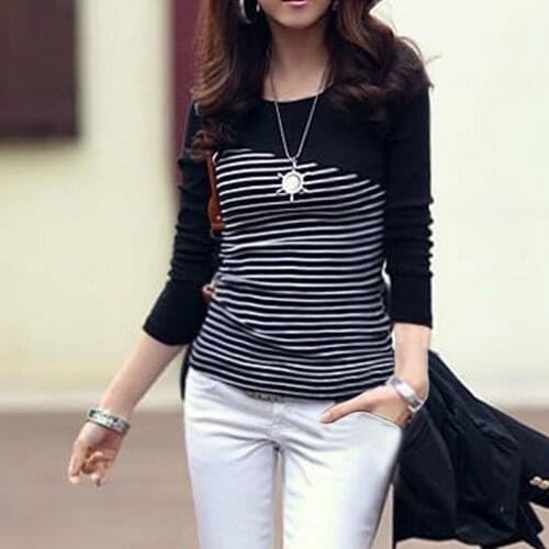 T Shirt Women Top Shirts Ladies Summer Long Sleeve Casual Tshirt Striped Female O-neck T-shirt Womens Tops Tee Shirt Femme #T1P